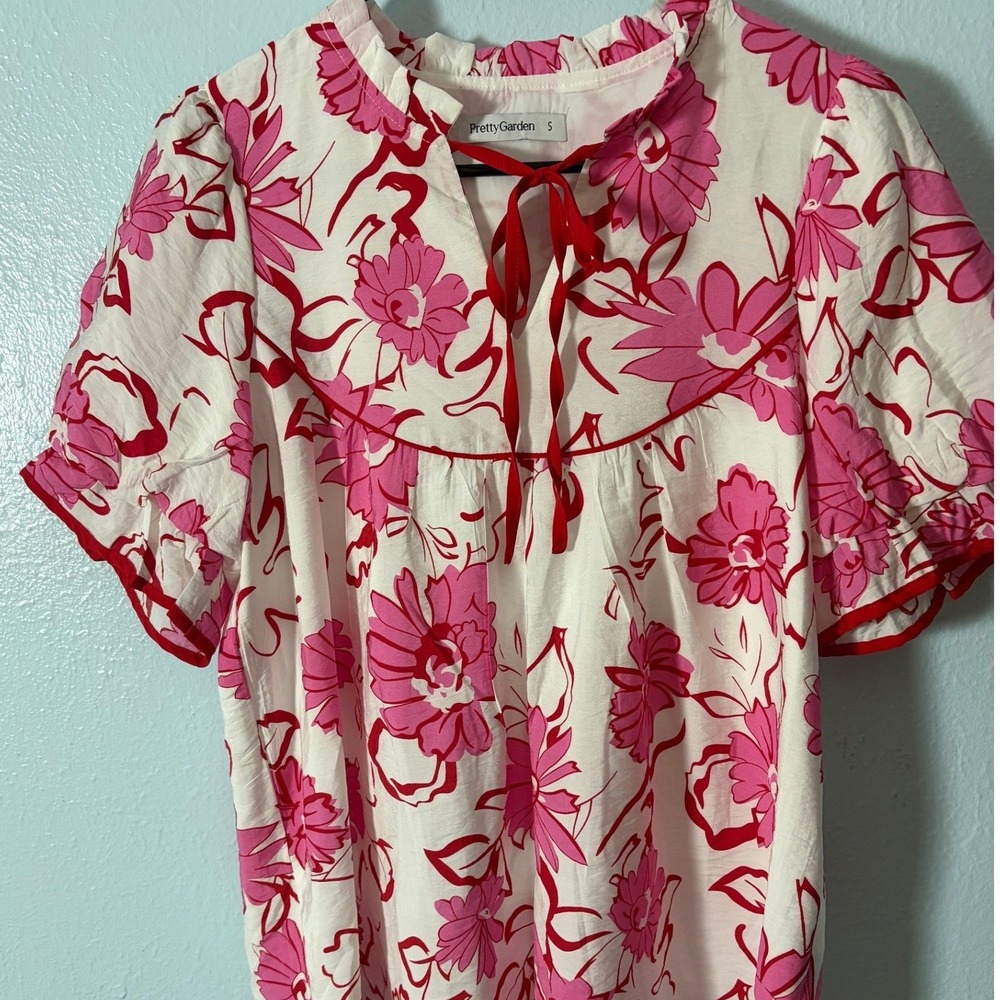 PrettyGarden Pink White Floral Tie Neck Ruffle Puff Sleeve Blouse S Cottagecore